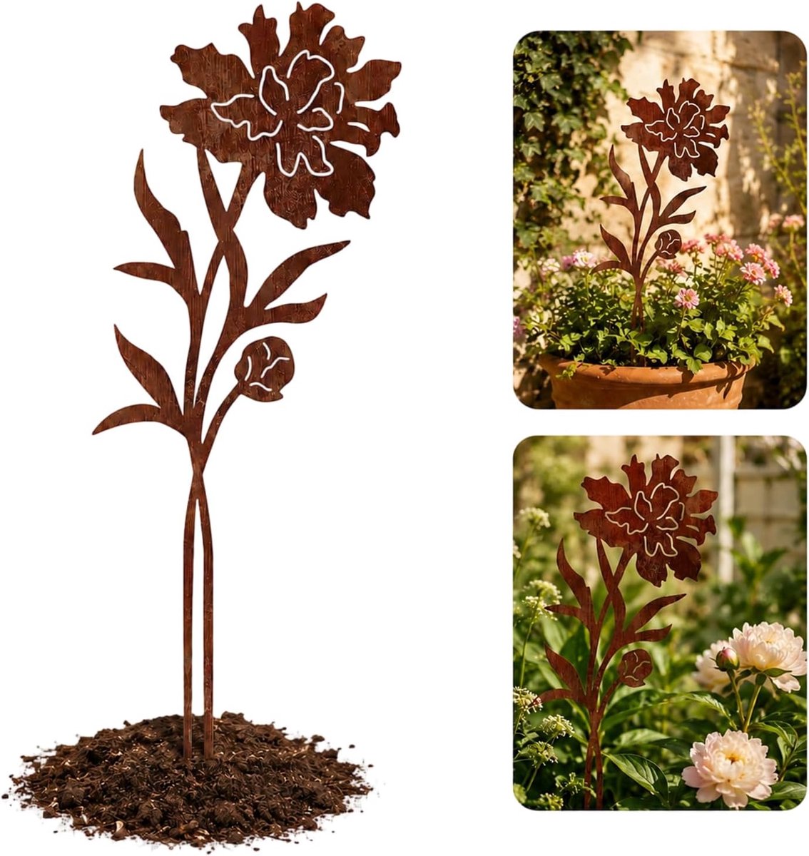 Tuindecoratie set van 2 - patina pioenroos - roest paardenbloem - sfeervolle herfstdecoratie - ShopVlot