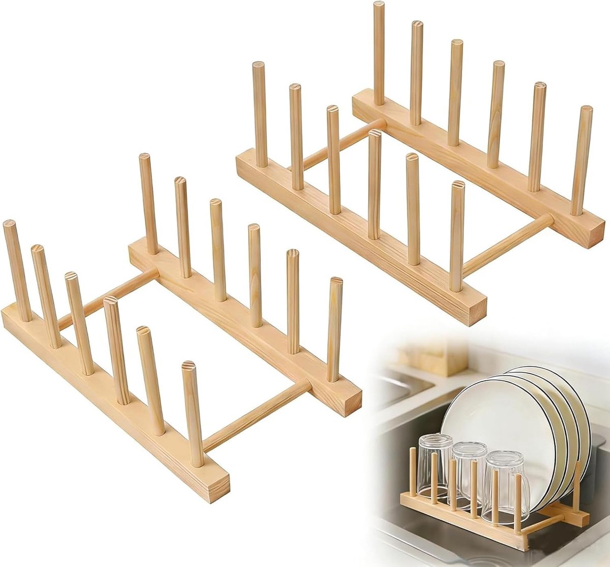 Bordenstandaard - Houtkleur - 6 Sleuven - Houten Afdruiprek voor Borden en Deksel - Voor Keukenorganisatie