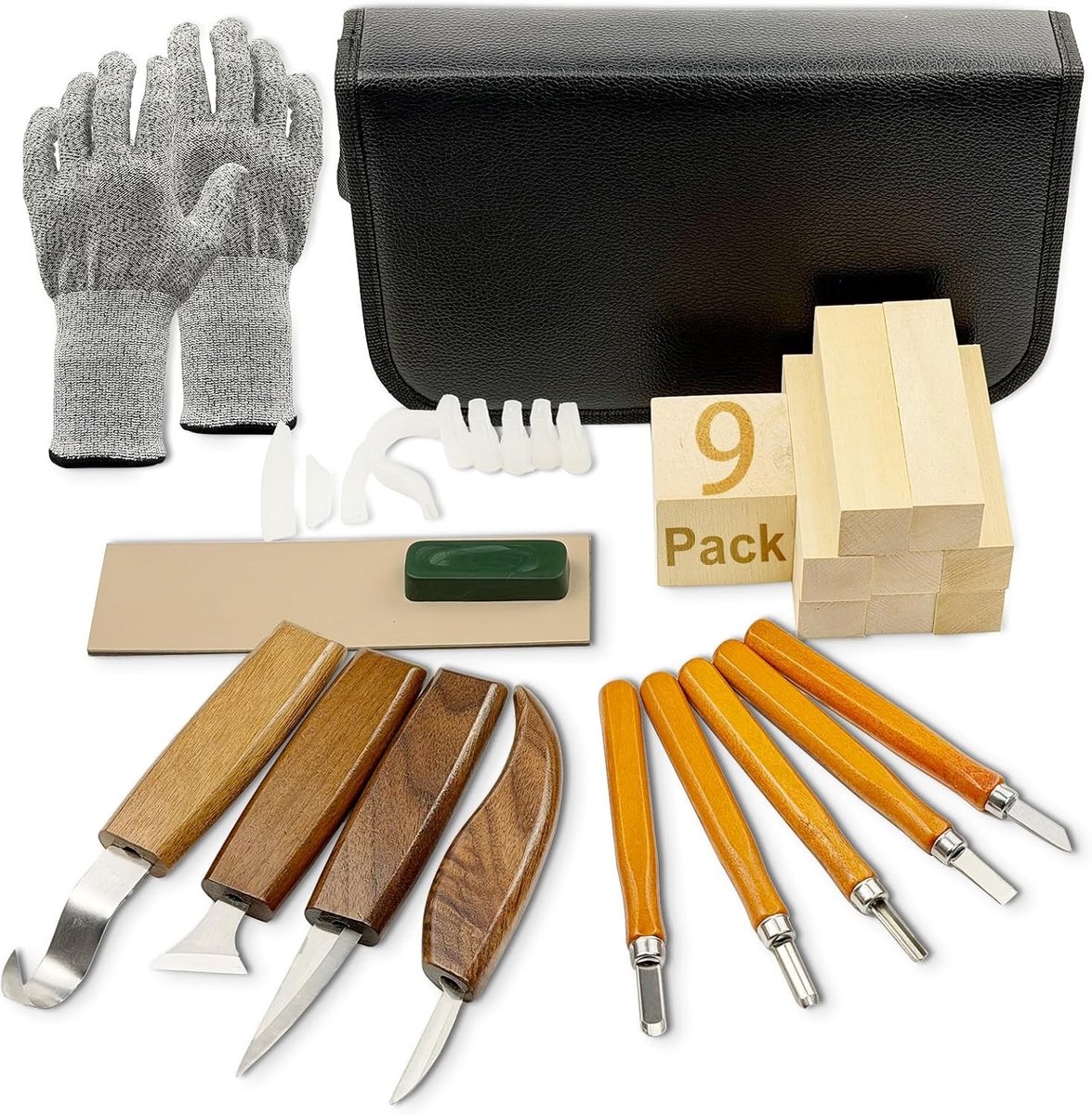 Houtsnijgereedschap Set - Inclusief 9 Houtblokjes - Voor Beginners en Hobbyisten - Compleet met Opbergzak