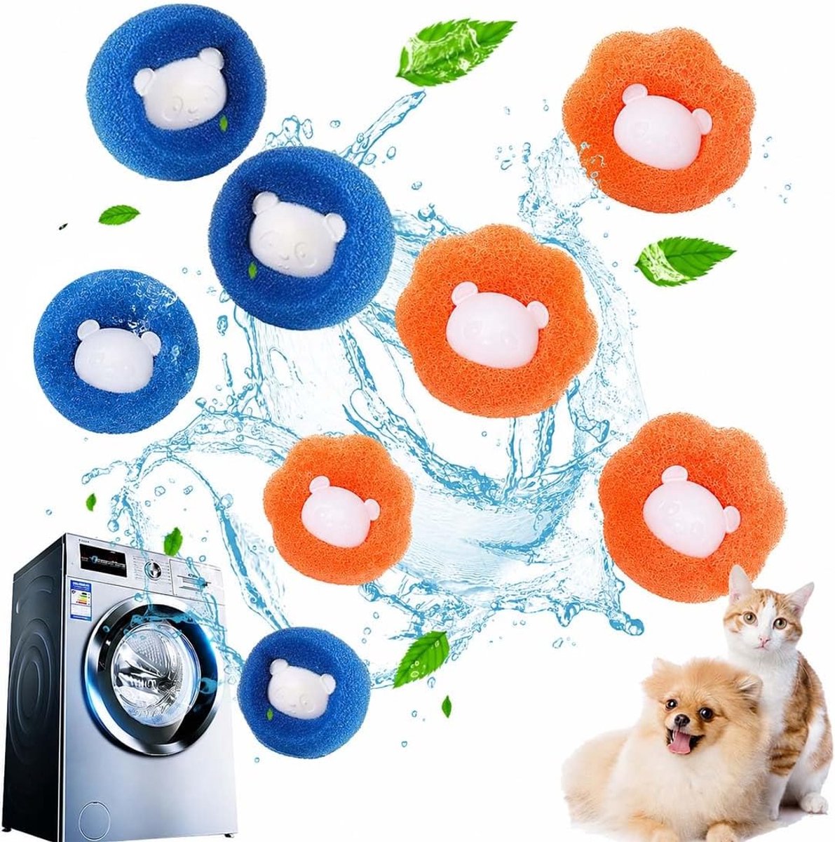 8 haarballen voor wasmachine, herbruikbare sponzen in oranje en blauw, voor het verwijderen van pluisjes en vezels - ShopVlot
