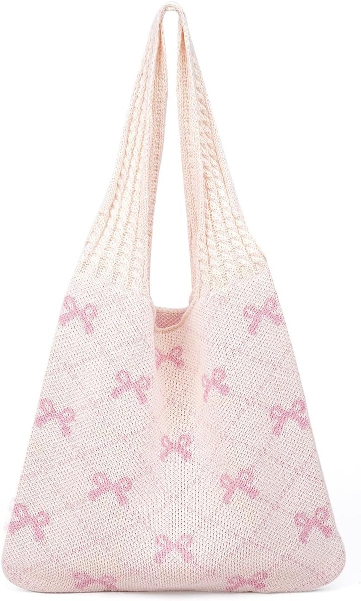 Beige Crochet Bag with Pink Bows, Aesthetic Crochet Bag, Knitted Shopping Bag, Large Aesthetic Beach Bag for Women - ShopVlot
