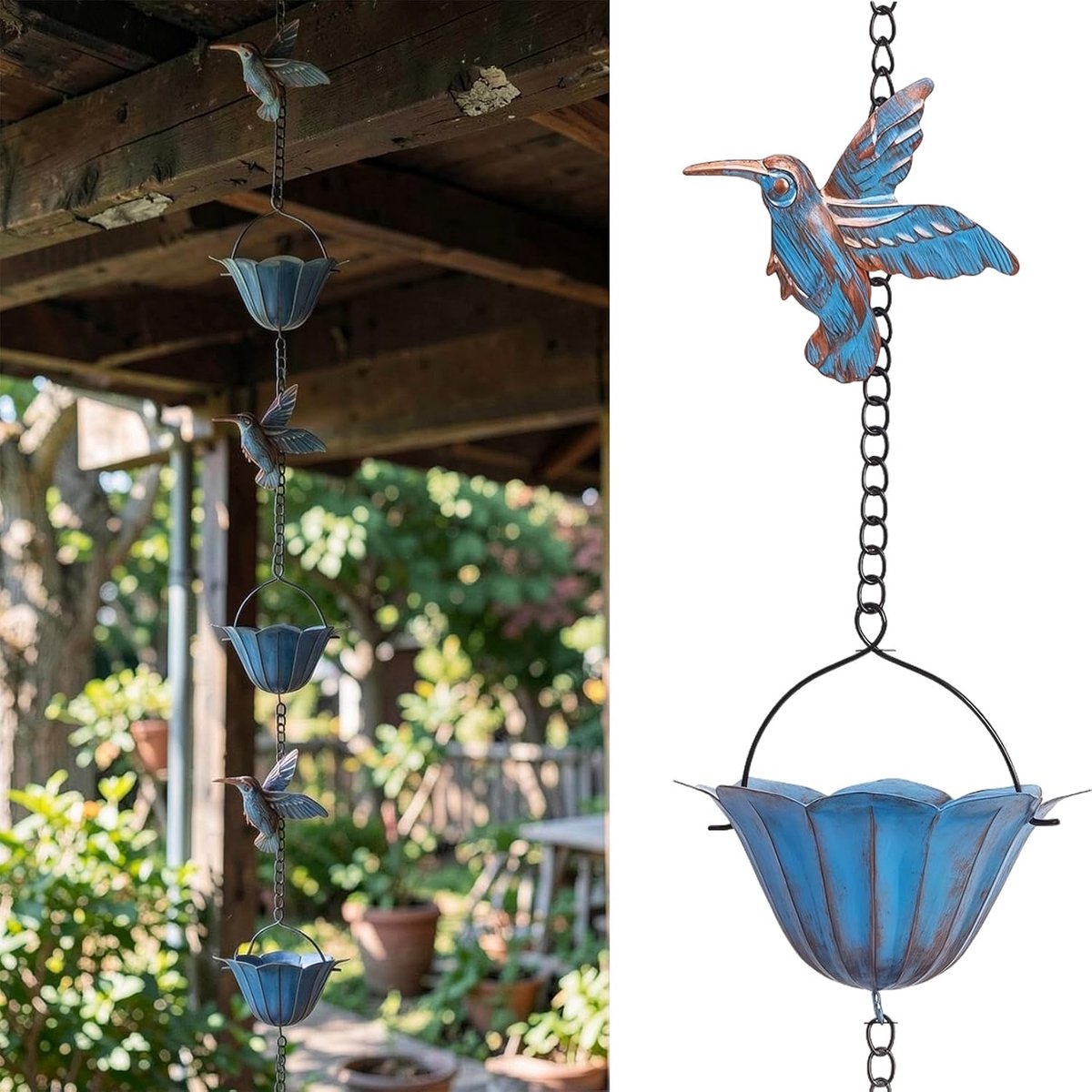 Gutter Rain Chains, 2.4 Metres, Vintage Blue Iron Rain Chain with 7 Hummingbird and Cups - ShopVlot