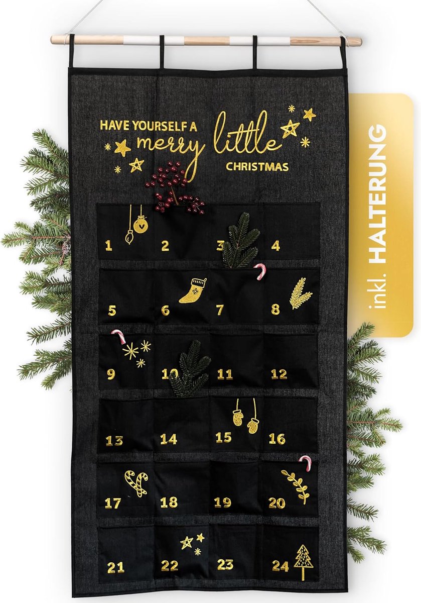 AMARI Adventskalender om te vullen, zwart/goud, XXL wandkalender (70 x 130 cm) met 24 vakken om te knutselen, voor - ShopVlot