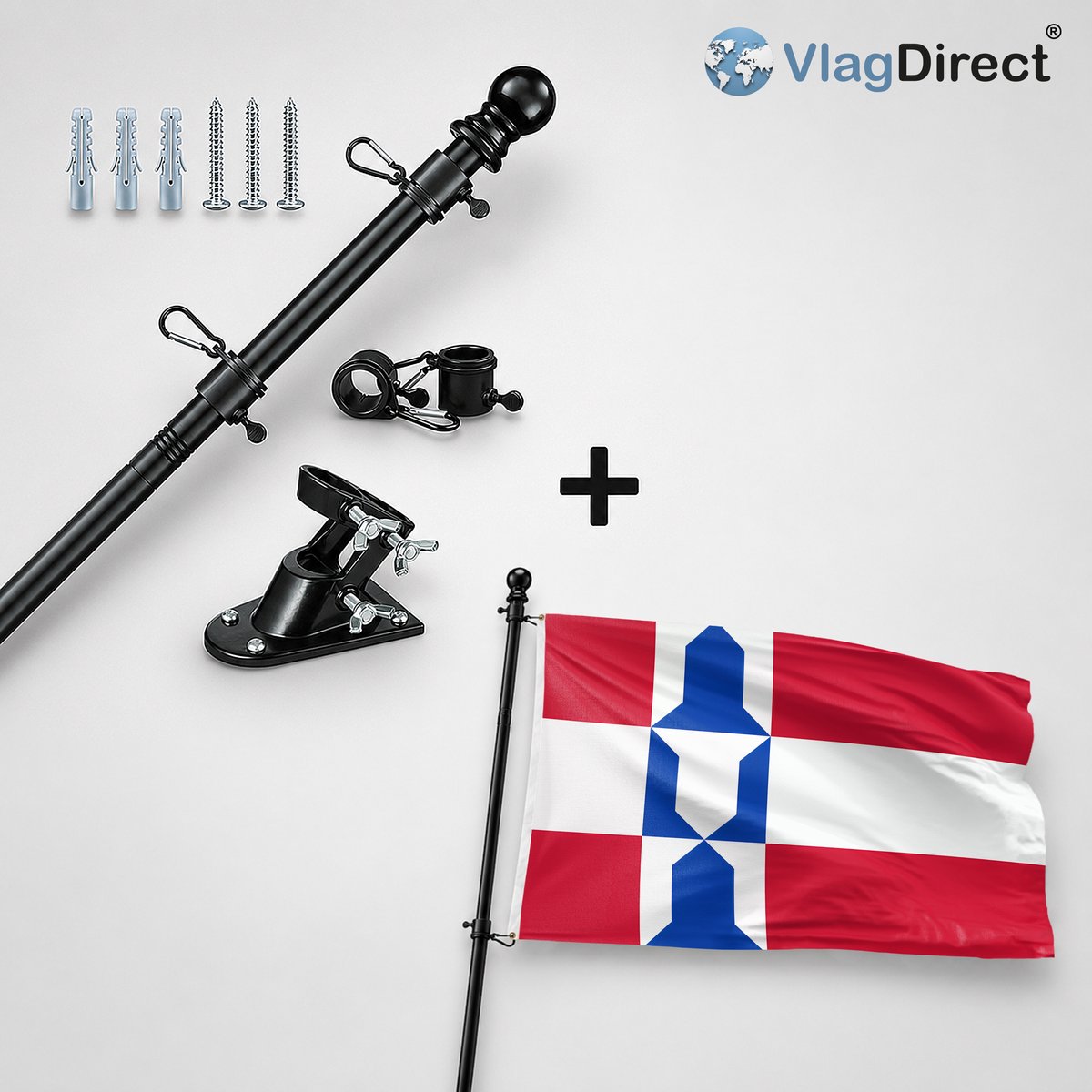 VlagDirect - Compleet vlaggenpakket - Zwarte vlaggenstok inclusief vlaggenstokhouder + Houten vlag - Gemeente Houten vlag - 90 x 150 cm.