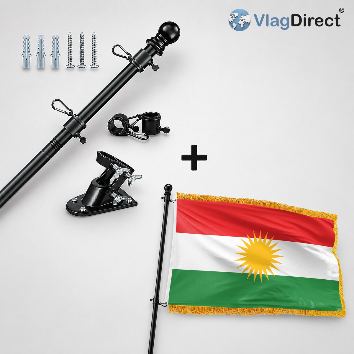 VlagDirect - Compleet vlaggenpakket - Zwarte vlaggenstok inclusief vlaggenstokhouder + Luxe Koerdische vlag - Luxe Koerdistan vlag - 90 x 150 cm - Franjes.