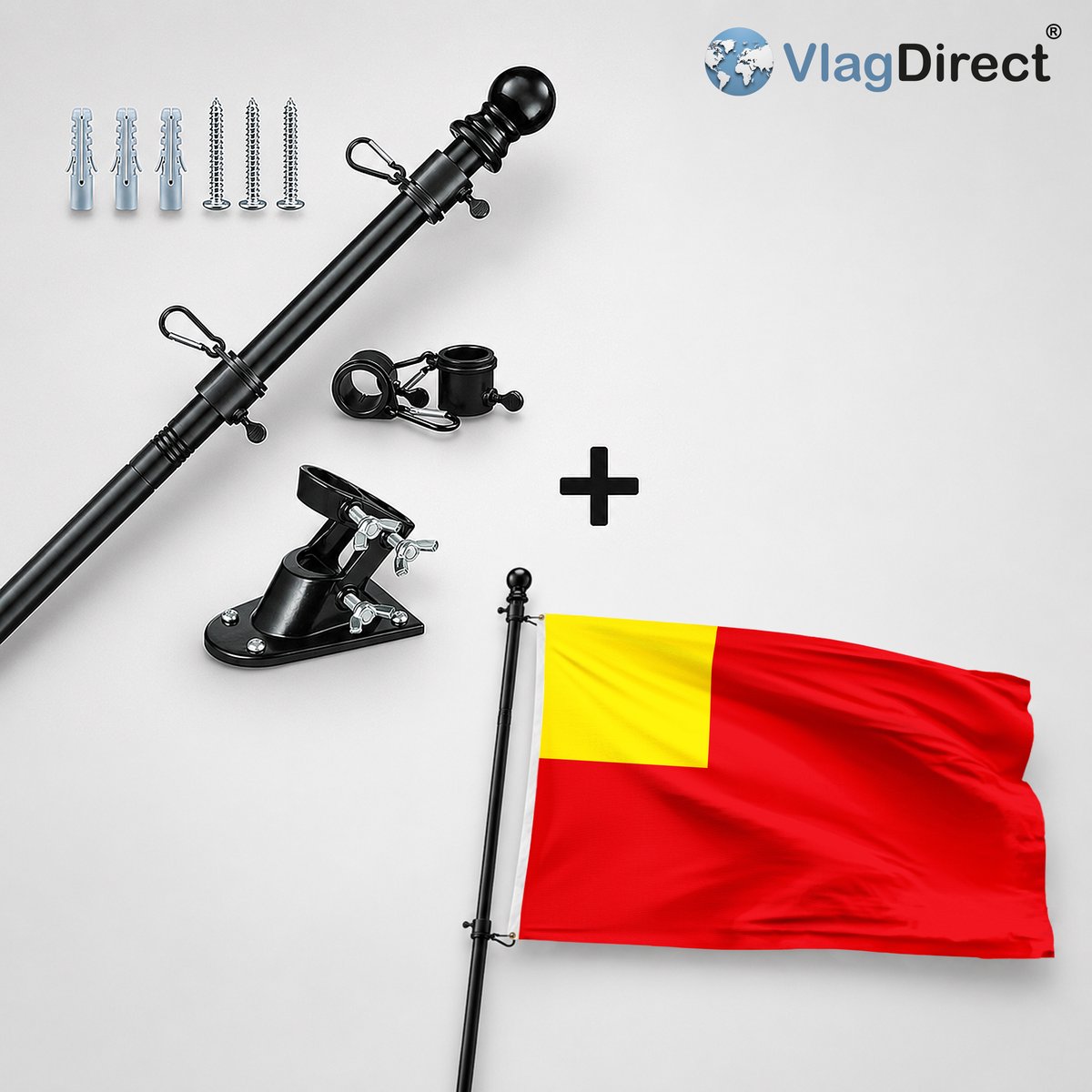 VlagDirect - Compleet vlaggenpakket - Zwarte vlaggenstok inclusief vlaggenstokhouder + Vilvoordse vlag - Gemeente Vilvoorde vlag - 90 x 150 cm.