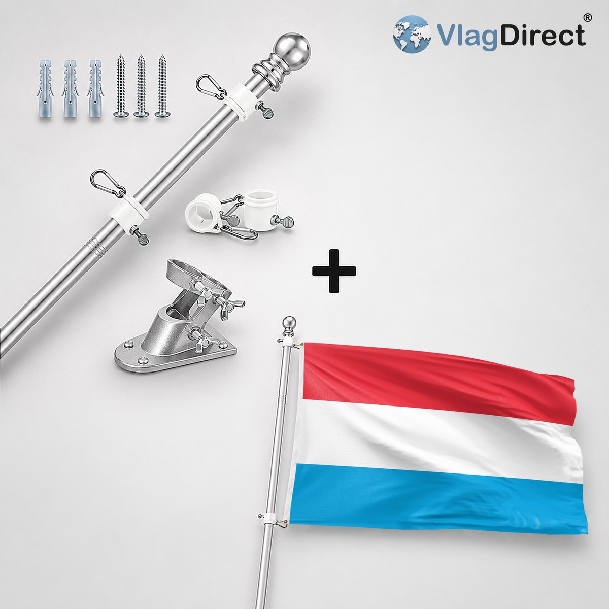 VlagDirect - Compleet vlaggenpakket - Zilveren vlaggenstok inclusief vlaggenstokhouder + Luxemburgse vlag - Luxemburg vlag - 90 x 150 cm.
