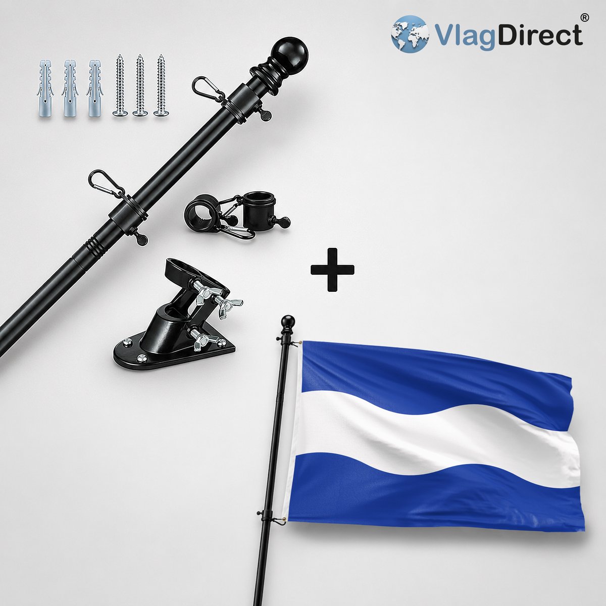 VlagDirect - Compleet vlaggenpakket - Zwarte vlaggenstok inclusief vlaggenstokhouder + Maassluis vlag - Gemeente Maassluis vlag - 90 x 150 cm.