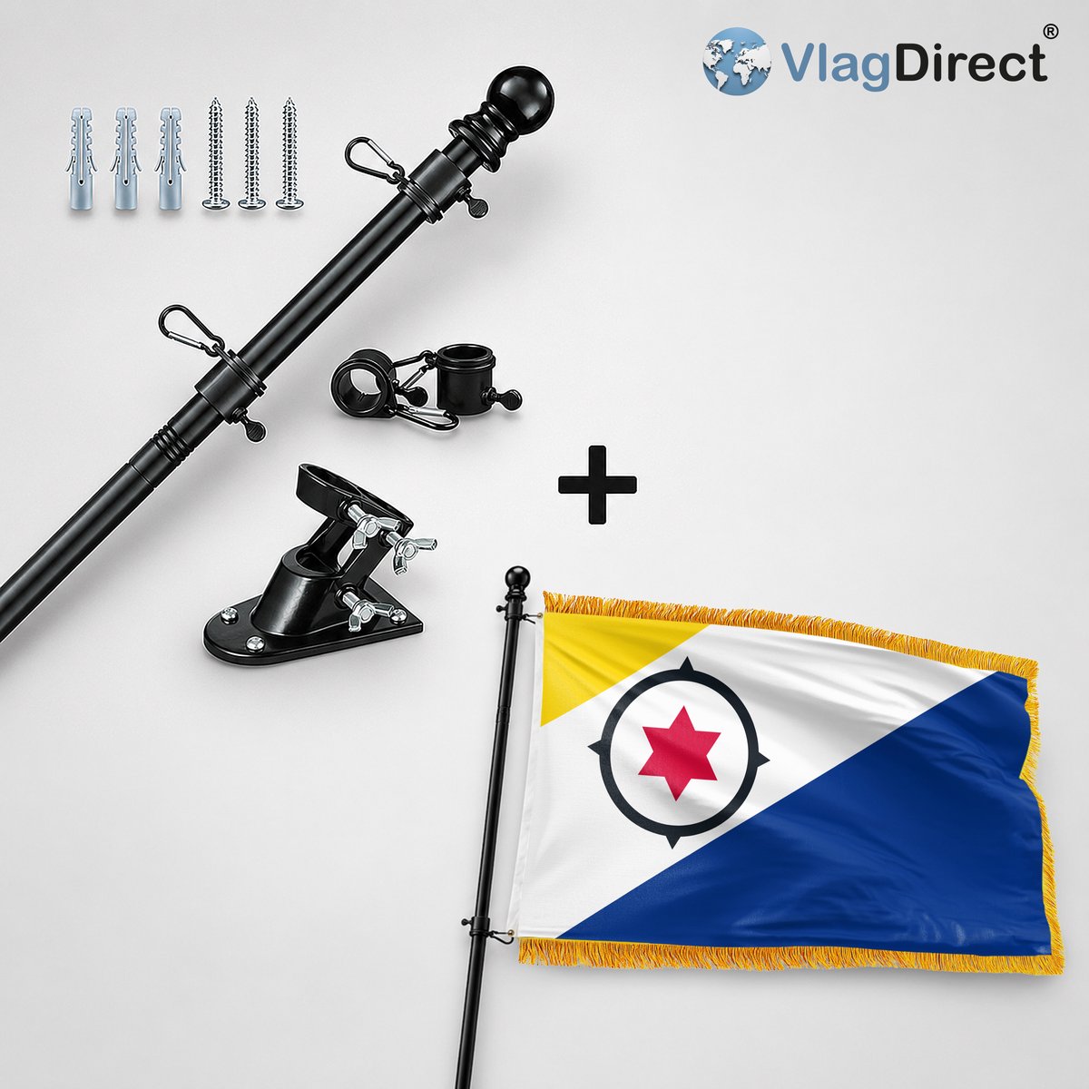 VlagDirect - Compleet vlaggenpakket - Zwarte vlaggenstok inclusief vlaggenstokhouder + Luxe Bonairiaanse vlag - Luxe Bonaire vlag - 90 x 150 cm.