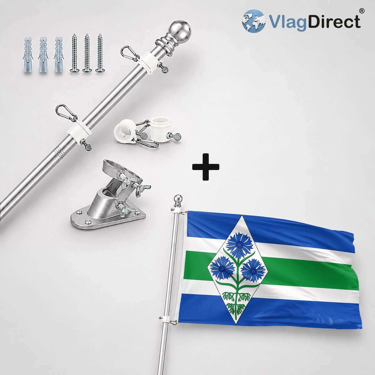 VlagDirect - Compleet vlaggenpakket - Zilveren vlaggenstok inclusief vlaggenstokhouder + Blaricum vlag - Gemeente Blaricum vlag - 90 x 150 cm.