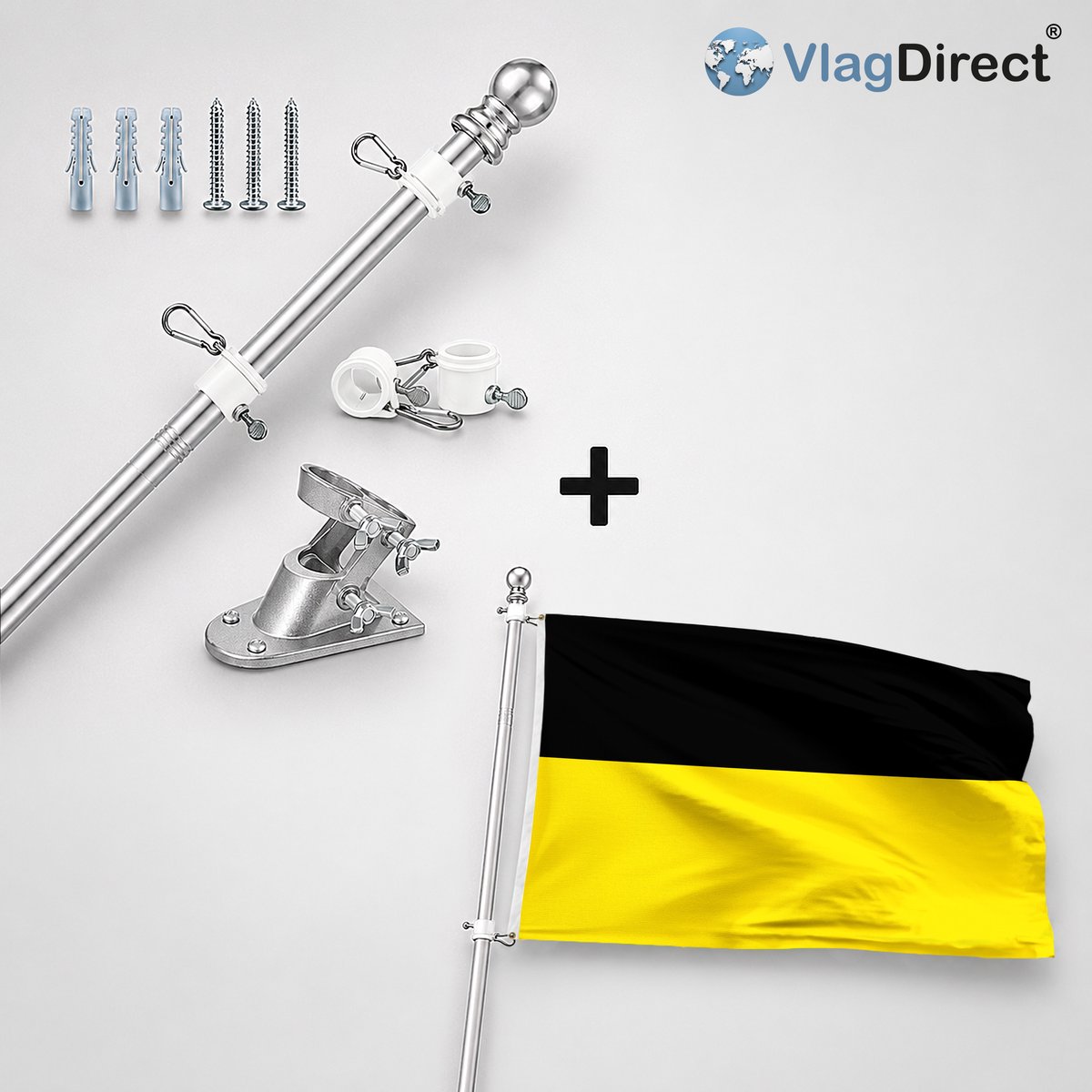 VlagDirect - Compleet vlaggenpakket - Zilveren vlaggenstok inclusief vlaggenstokhouder + Naamse vlag - Gemeente Namen vlag - 90 x 150 cm.