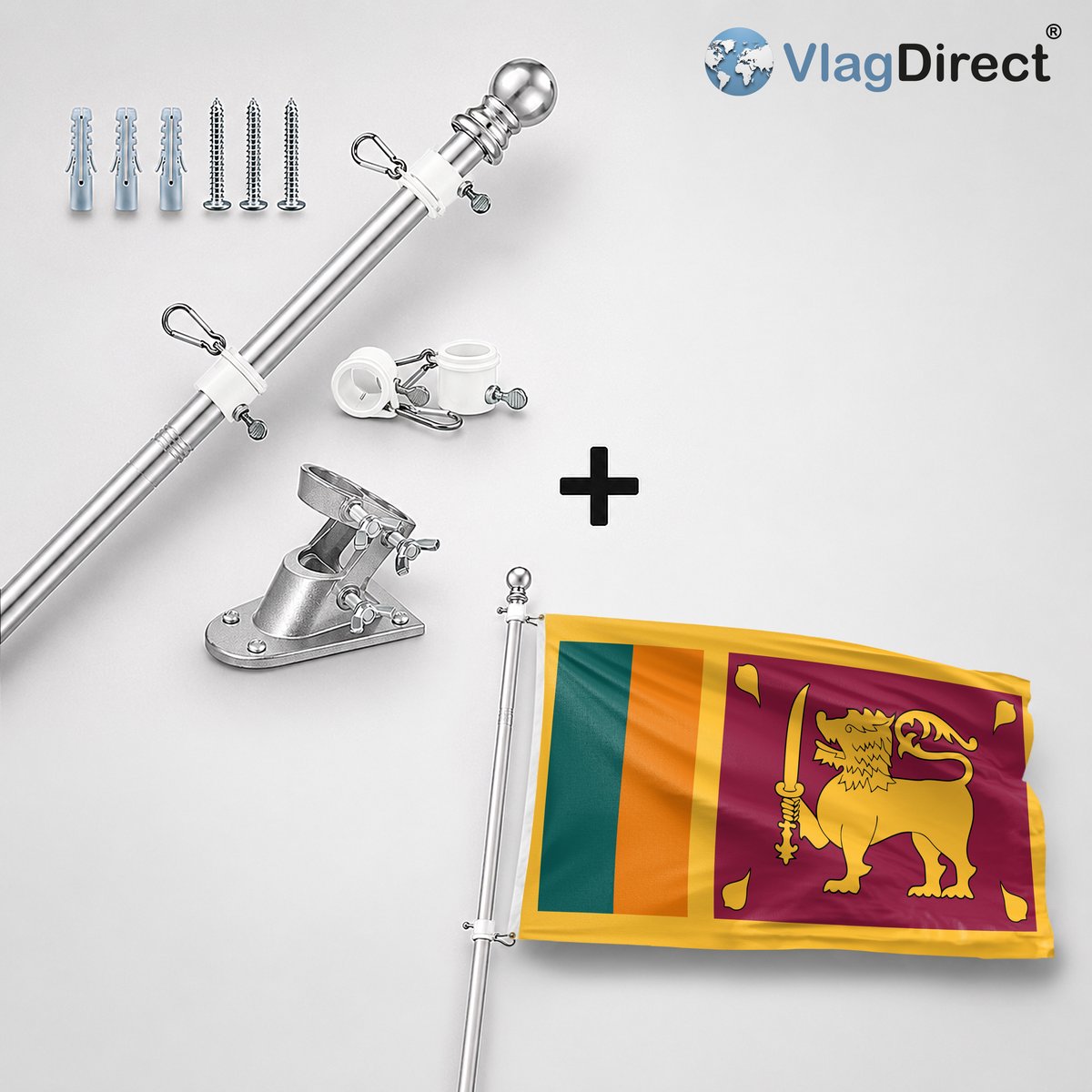 VlagDirect - Compleet vlaggenpakket - Zilveren vlaggenstok inclusief vlaggenstokhouder + Sri Lankaanse vlag - Sri Lanka vlag - 90 x 150 cm