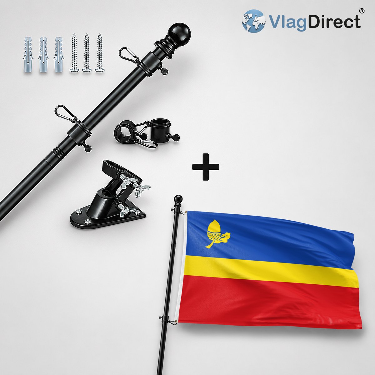 VlagDirect - Compleet vlaggenpakket - Zwarte vlaggenstok inclusief vlaggenstokhouder + Waalre vlag - Gemeente Waalre vlag - 90 x 150 cm.