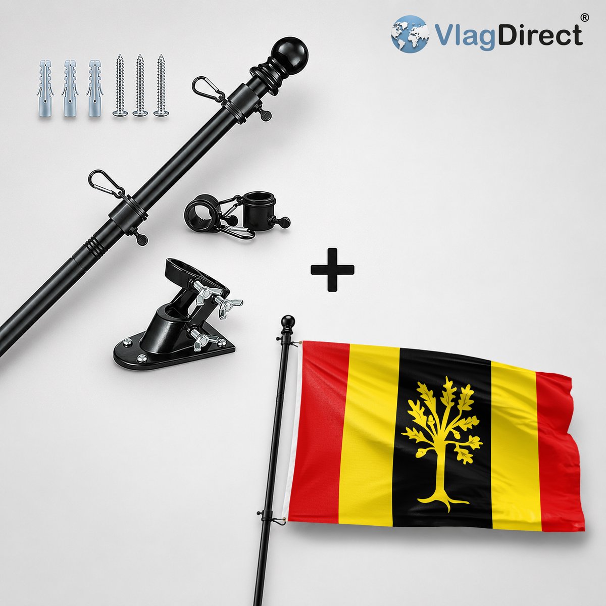 VlagDirect - Compleet vlaggenpakket - Zwarte vlaggenstok inclusief vlaggenstokhouder + Waalwijk vlag - Gemeente Waalwijk vlag - 90 x 150 cm.