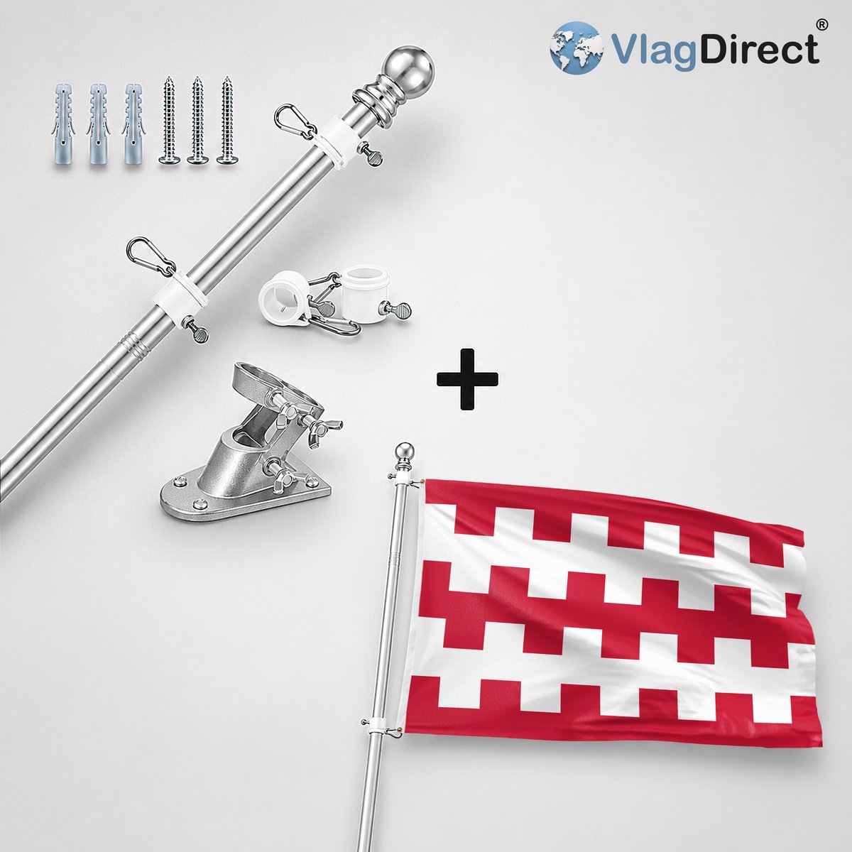 VlagDirect - Compleet vlaggenpakket - Zilveren vlaggenstok inclusief vlaggenstokhouder + Dongen vlag - Gemeente Dongen vlag - 90 x 150 cm.