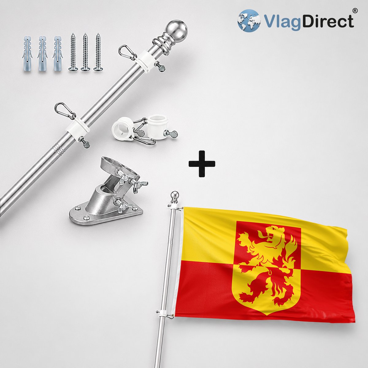 VlagDirect - Compleet vlaggenpakket - Zilveren vlaggenstok inclusief vlaggenstokhouder + Gemeente Asse vlag - 90 x 150 cm.