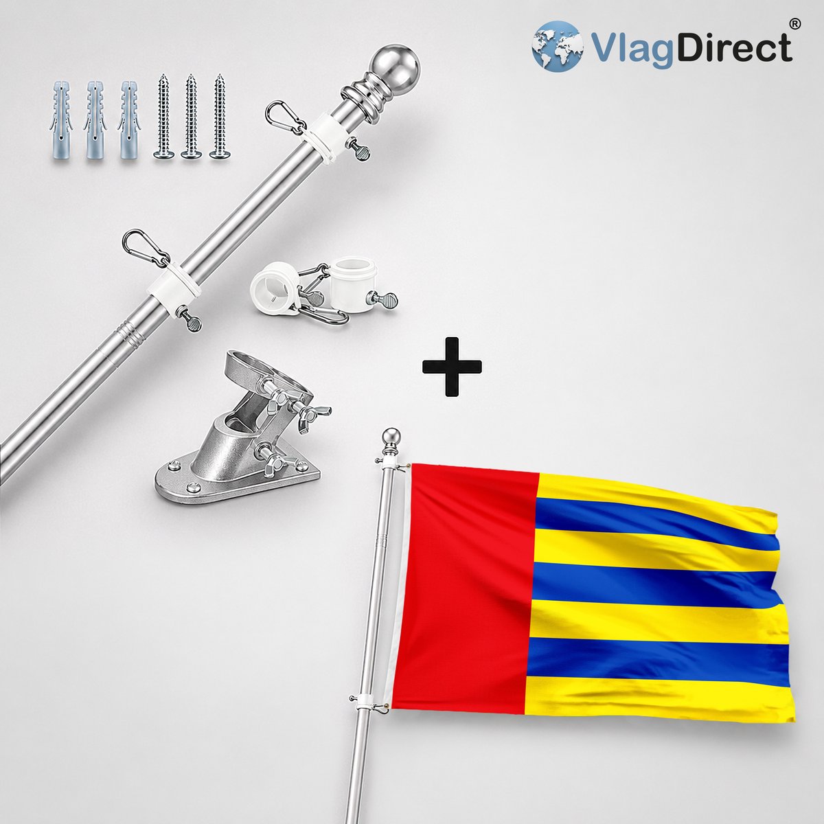 VlagDirect - Compleet vlaggenpakket - Zilveren vlaggenstok inclusief vlaggenstokhouder + Gemeente Amay vlag - 90 x 150 cm.