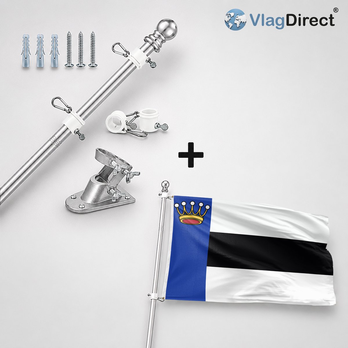 VlagDirect - Compleet vlaggenpakket - Zilveren vlaggenstok inclusief vlaggenstokhouder + Heerenveen vlag - Gemeente Heerenveen vlag - 90 x 150 cm.