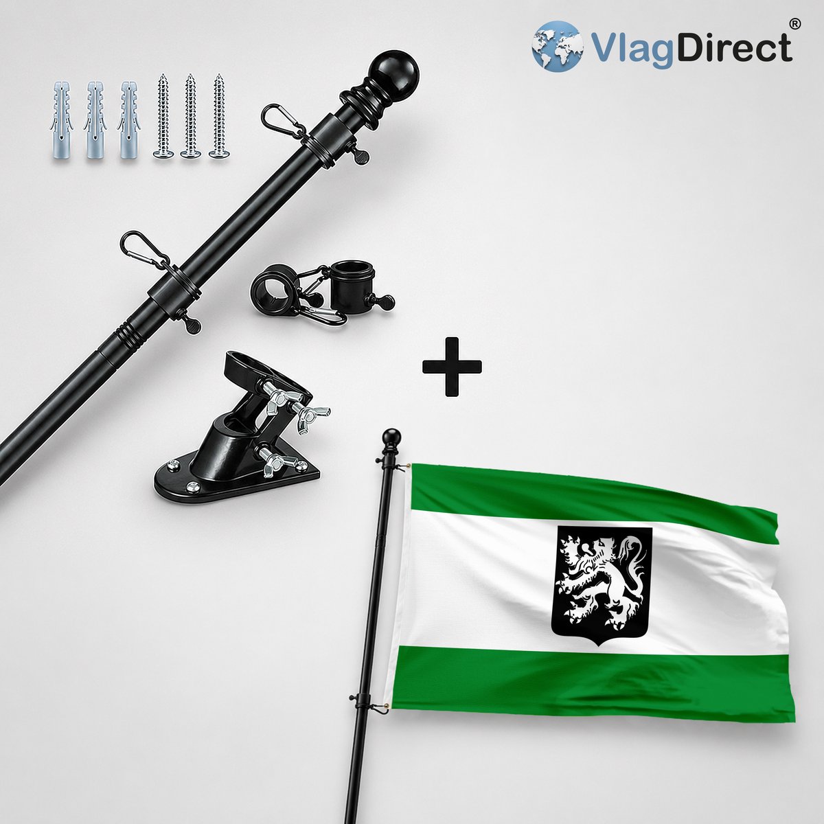VlagDirect - Compleet vlaggenpakket - Zwarte vlaggenstok inclusief vlaggenstokhouder + Gemeente Merksplas vlag - 90 x 150 cm.