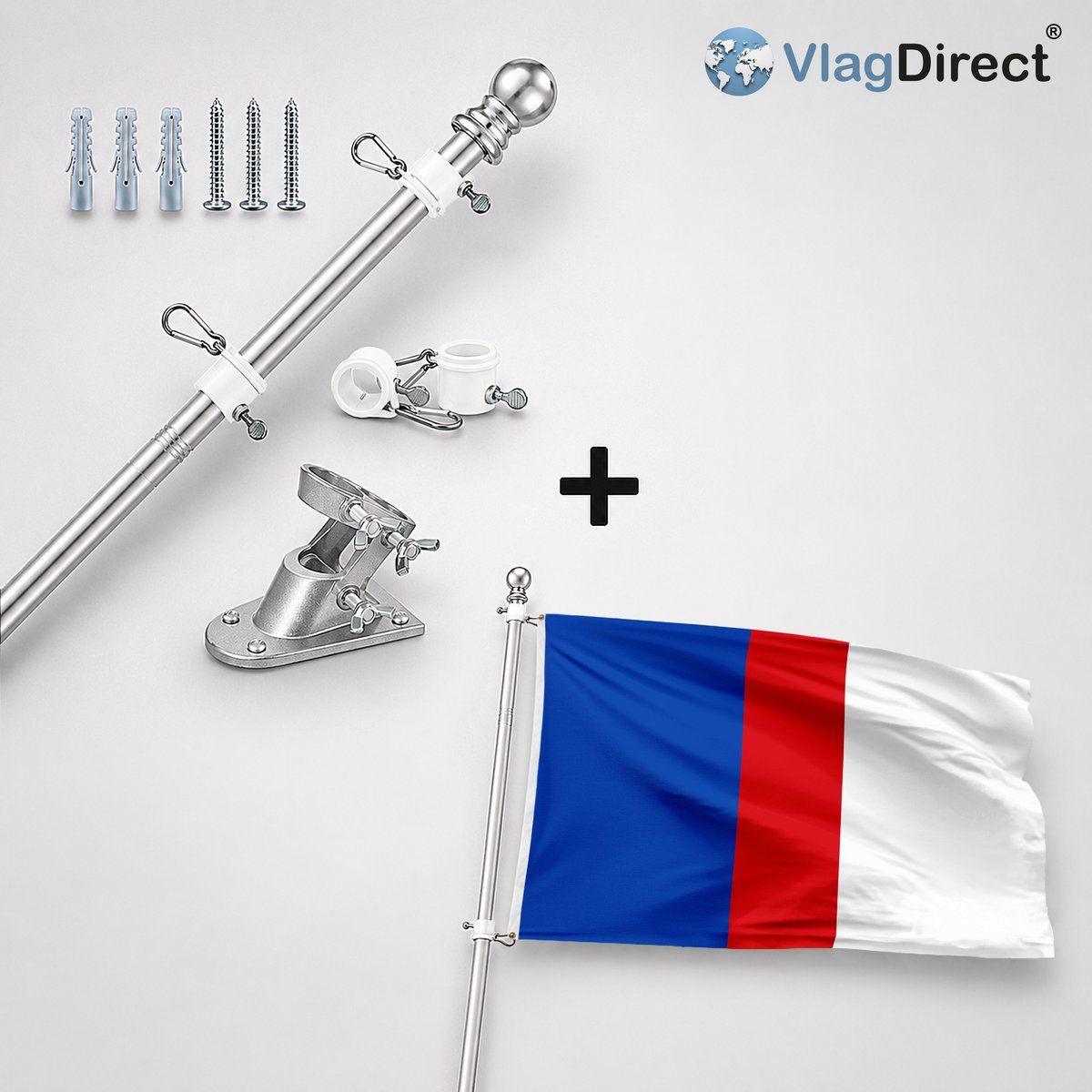 VlagDirect - Compleet vlaggenpakket - Zilveren vlaggenstok inclusief vlaggenstokhouder + Glabbeekse vlag - Gemeente Glabbeek vlag - 90 x 150 cm.