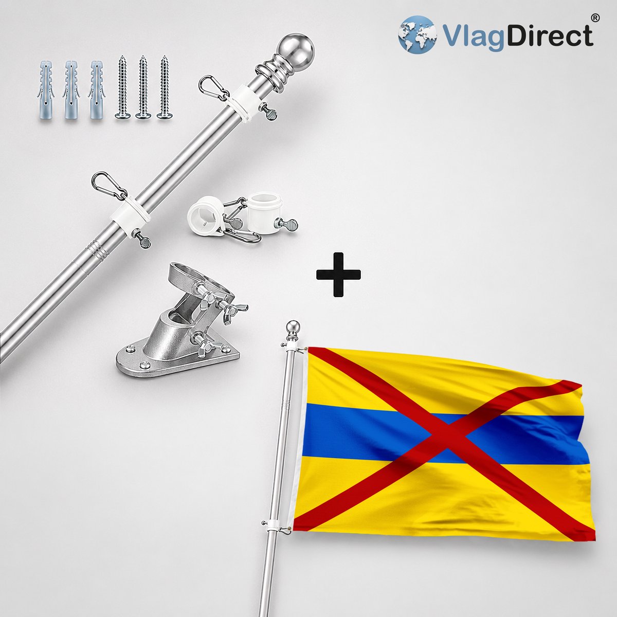 VlagDirect - Compleet vlaggenpakket - Zilveren vlaggenstok inclusief vlaggenstokhouder + Grimbergse vlag - Gemeente Grimbergen vlag - 90 x 150 cm.