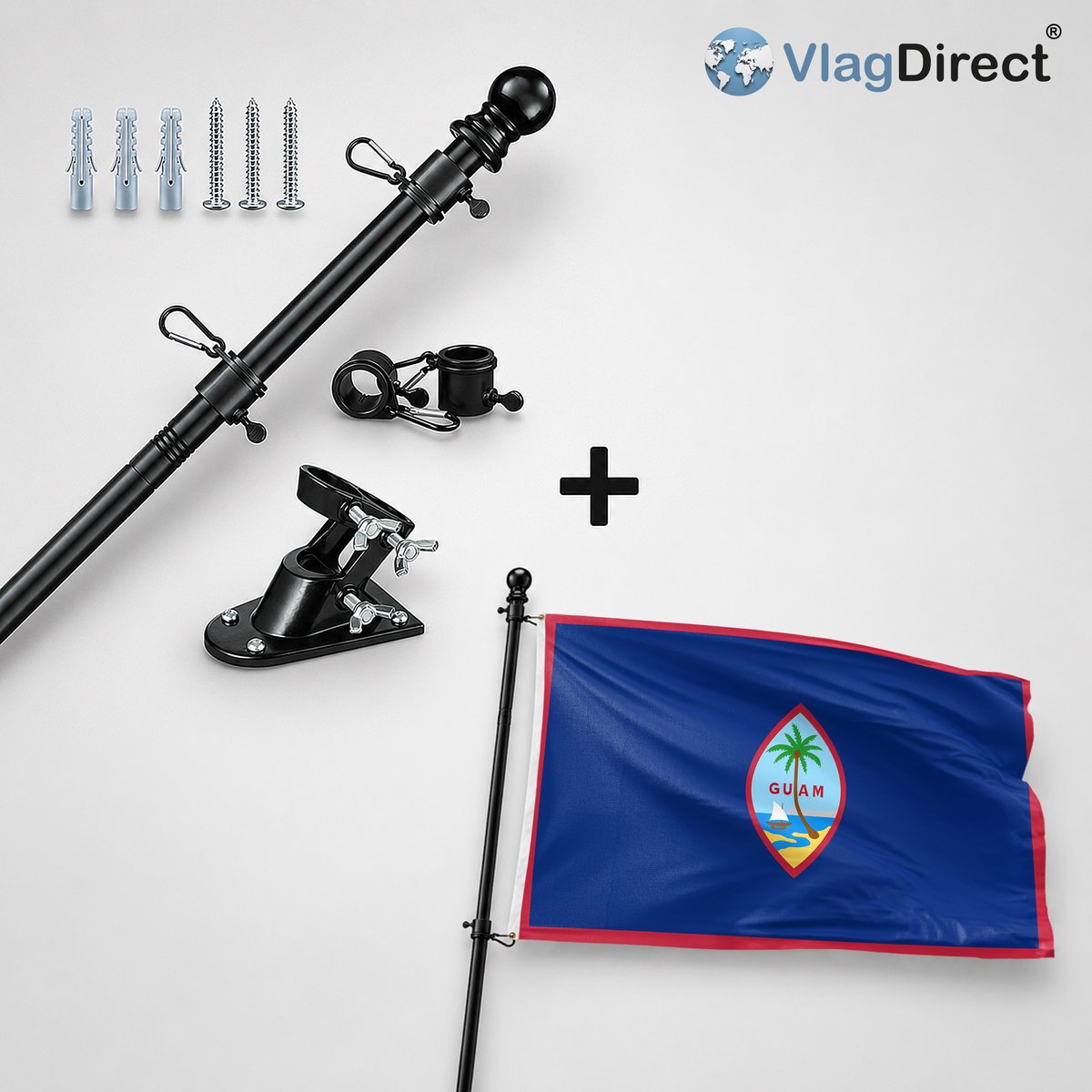 VlagDirect - Compleet vlaggenpakket - Zwarte vlaggenstok inclusief vlaggenstokhouder + Guamese vlag - Guam vlag - 90 x 150 cm.