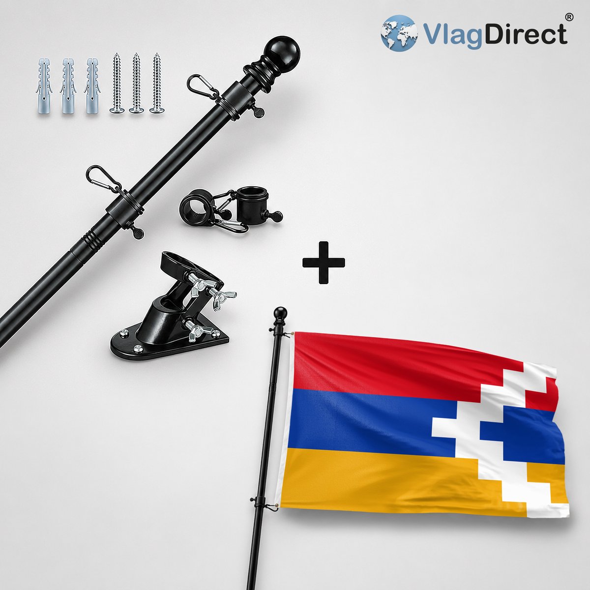 VlagDirect - Compleet vlaggenpakket - Zwarte vlaggenstok inclusief vlaggenstokhouder + Artsachiaanse vlag - Republiek Artsach vlag - Republiek Nagorno-Karabach vlag - 90 x 150 cm.