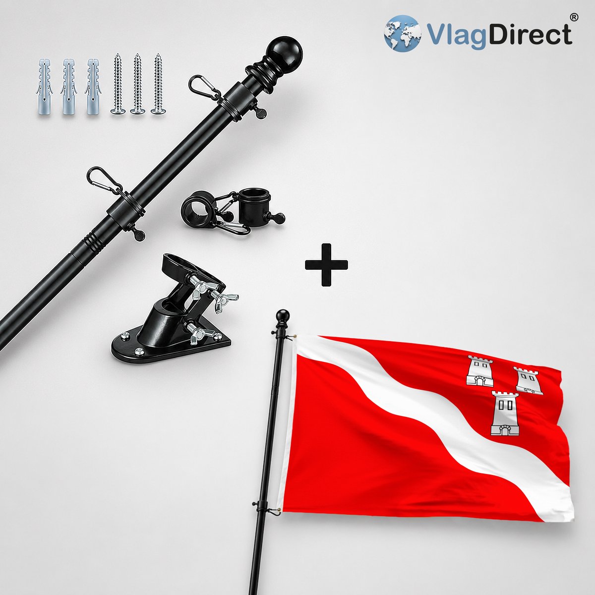 VlagDirect - Compleet vlaggenpakket - Zwarte vlaggenstok inclusief vlaggenstokhouder + Gemeente Clavier vlag - 90 x 150 cm.