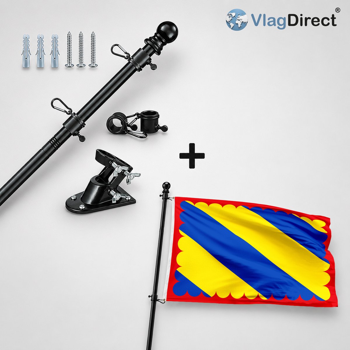 VlagDirect - Compleet vlaggenpakket - Zwarte vlaggenstok inclusief vlaggenstokhouder + Gemeente Opzullik vlag - 90 x 150 cm.