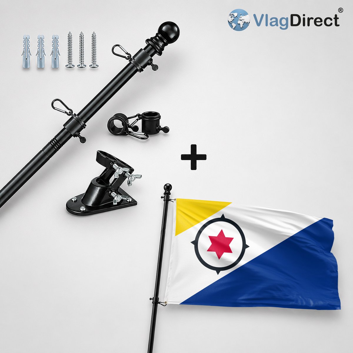 VlagDirect - Compleet vlaggenpakket - Zwarte vlaggenstok inclusief vlaggenstokhouder + Bonairiaanse vlag - Bonaire vlag - 90 x 150 cm.