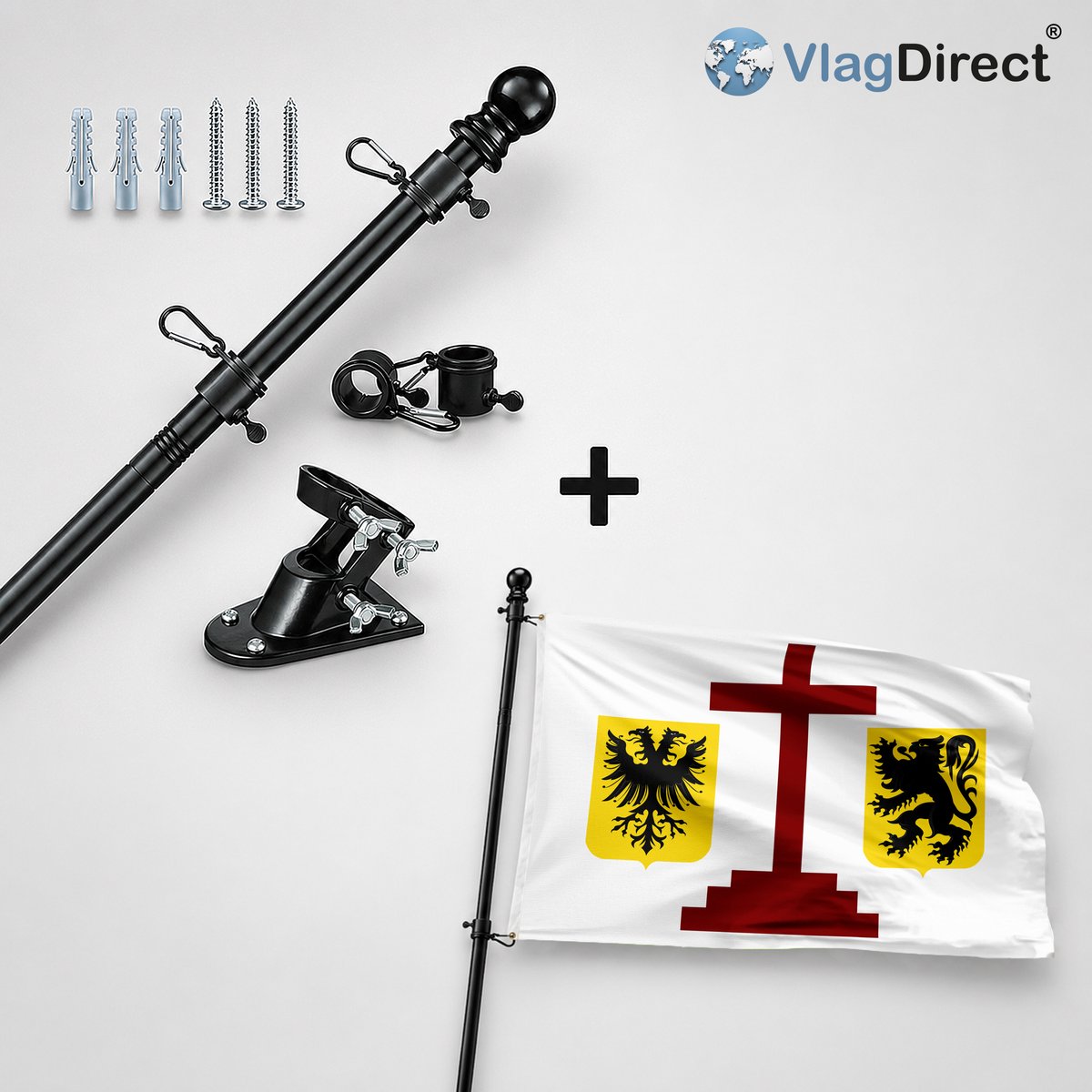 VlagDirect - Compleet vlaggenpakket - Zwarte vlaggenstok inclusief vlaggenstokhouder + Geraardsbergse vlag - Gemeente Geraardsbergen vlag - 90 x 150 cm.