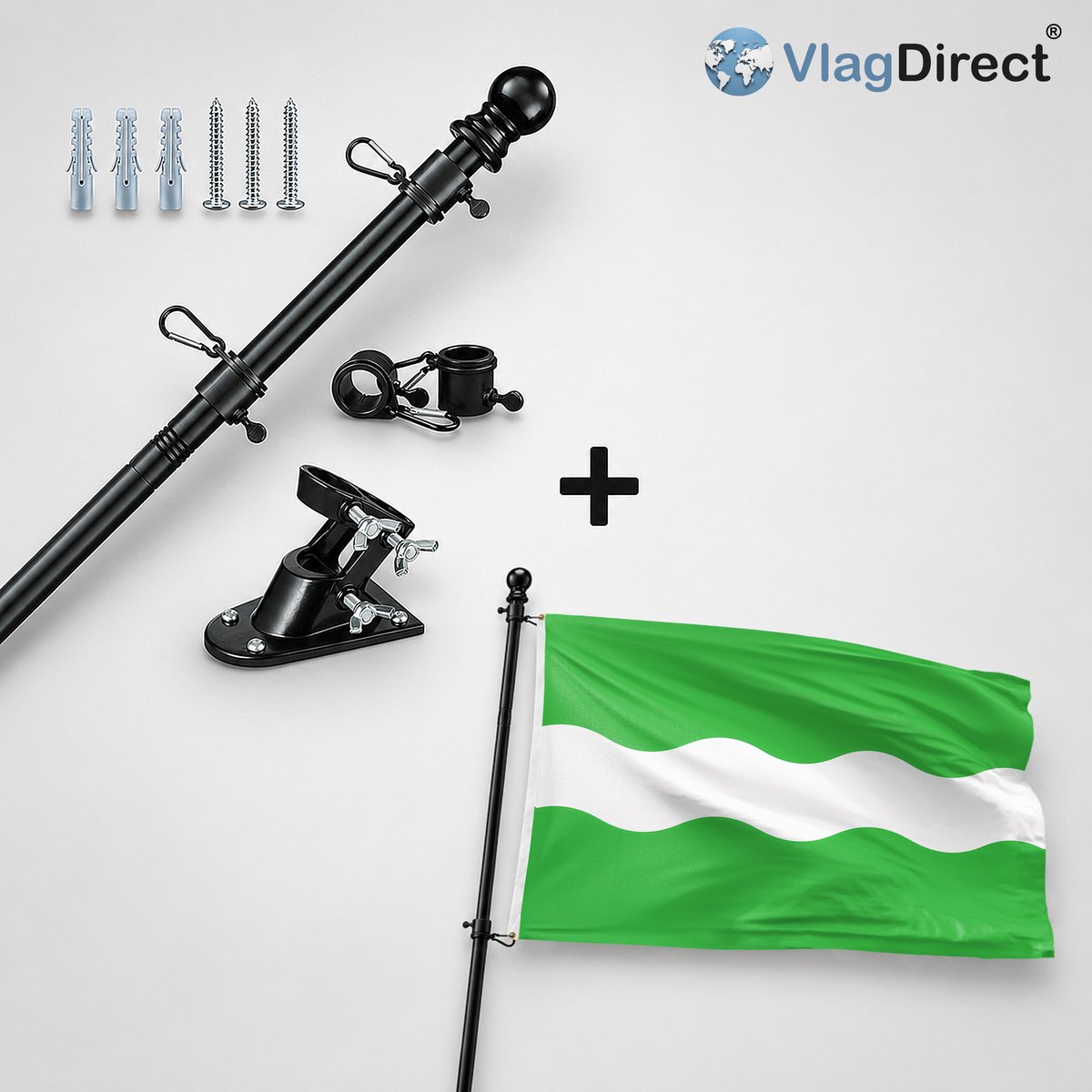 VlagDirect - Compleet vlaggenpakket - Zwarte vlaggenstok inclusief vlaggenstokhouder + Bunnik vlag - Gemeente Bunnik vlag - 90 x 150 cm.