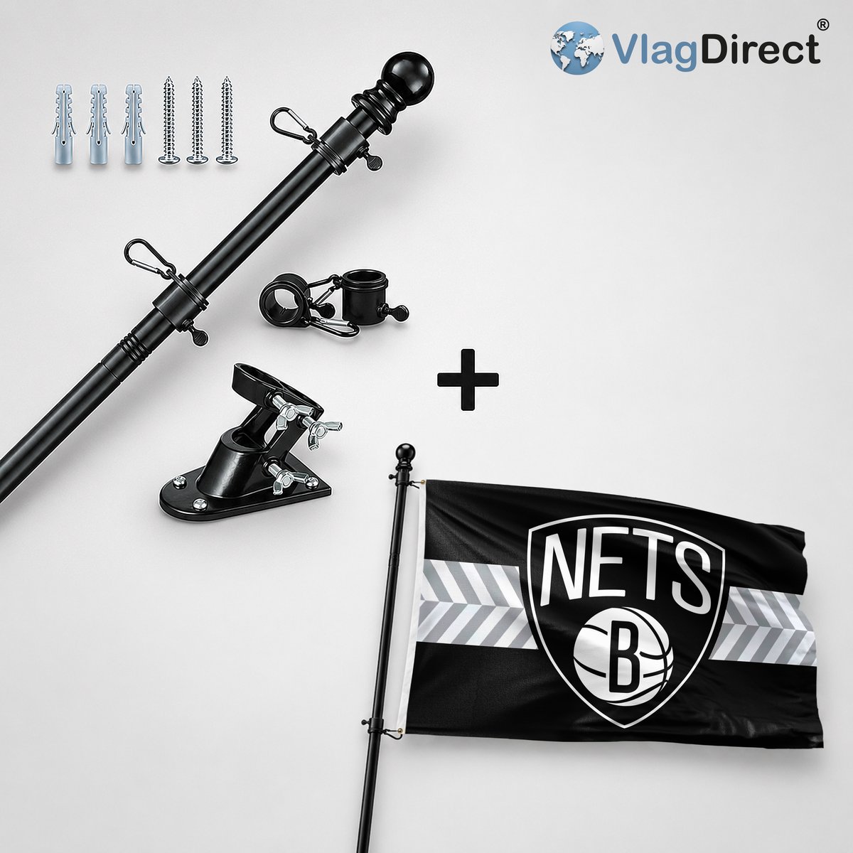 VlagDirect - Compleet vlaggenpakket - Zwarte vlaggenstok inclusief vlaggenstokhouder + Brooklyn Nets vlag - Brooklyn Nets basketbalteam vlag - 90 x 150 cm.