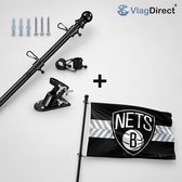 Zwarte vlaggenstokset met Brooklyn Nets vlag, inclusief houder en montagemateriaal, van VlagDirect.