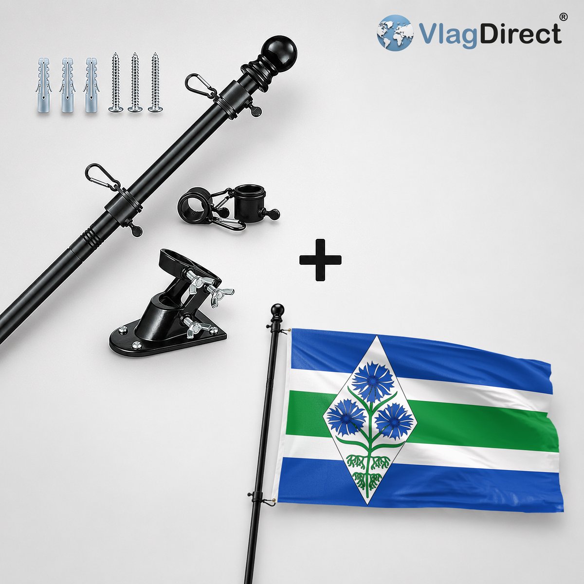 VlagDirect - Compleet vlaggenpakket - Zwarte vlaggenstok inclusief vlaggenstokhouder + Blaricum vlag - Gemeente Blaricum vlag - 90 x 150 cm.
