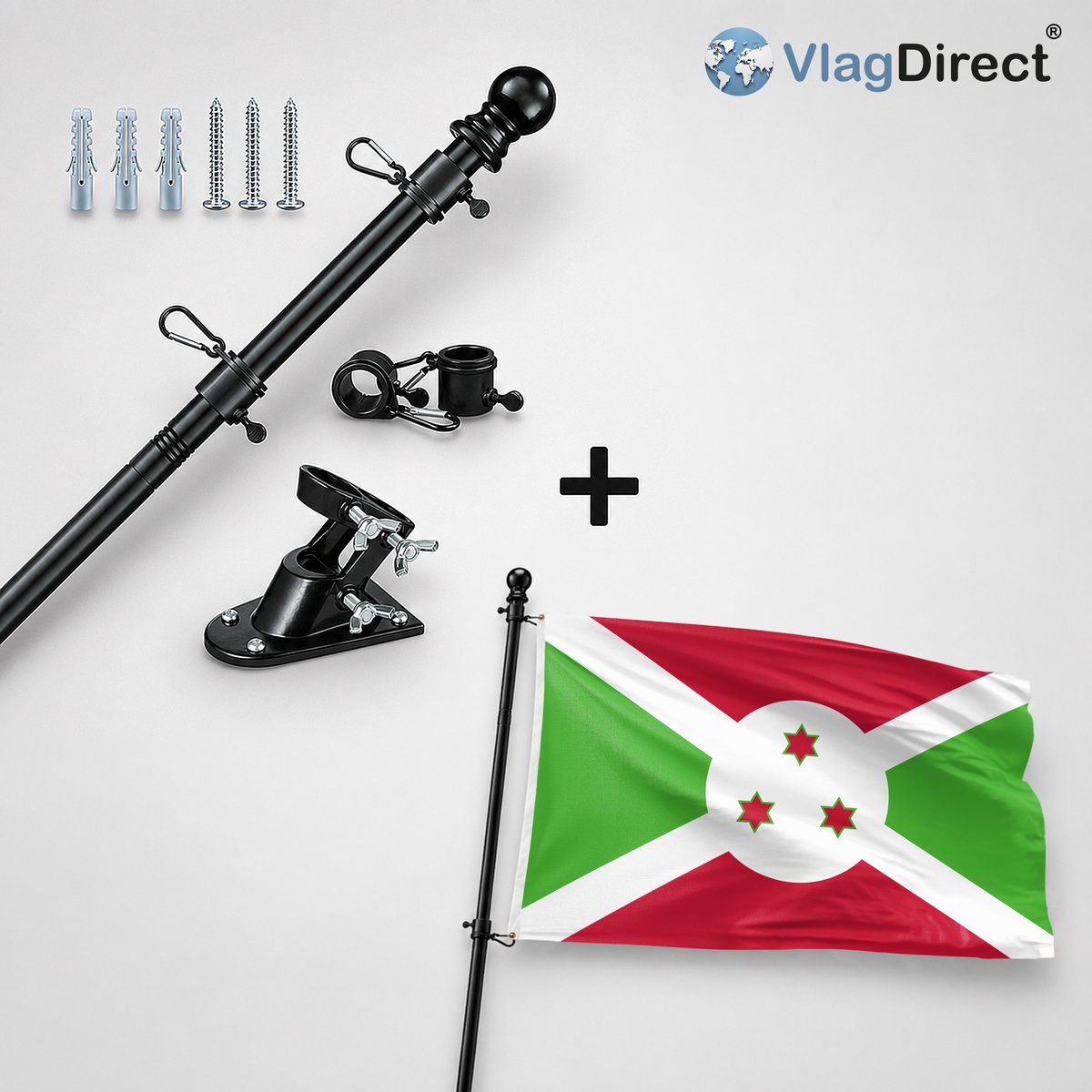 VlagDirect - Compleet vlaggenpakket - Zwarte vlaggenstok inclusief vlaggenstokhouder + Burundese vlag - Burundi vlag - 90 x 150 cm.