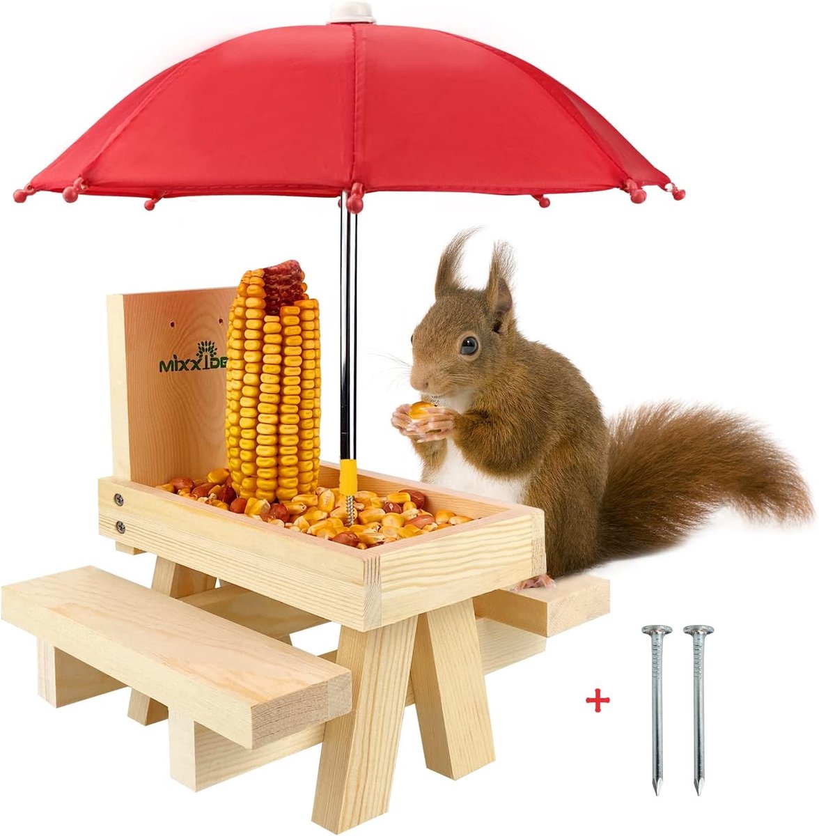 MIXXIDEA Squirrel Feeder Table with Umbrella, Wooden Squirrel Picnic Table Feeder, Sturdy Squirrel Feeder Corn Cob - ShopVlot