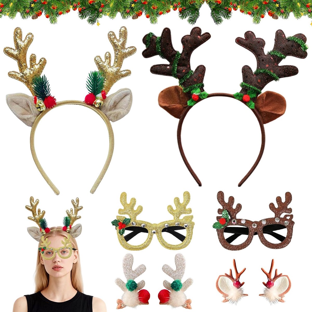 Christmas Hair Band 6 Pieces Reindeer Hair Band Adult Christmas Hair Accessories Men's Hair Band Christmas Glasses - ShopVlot