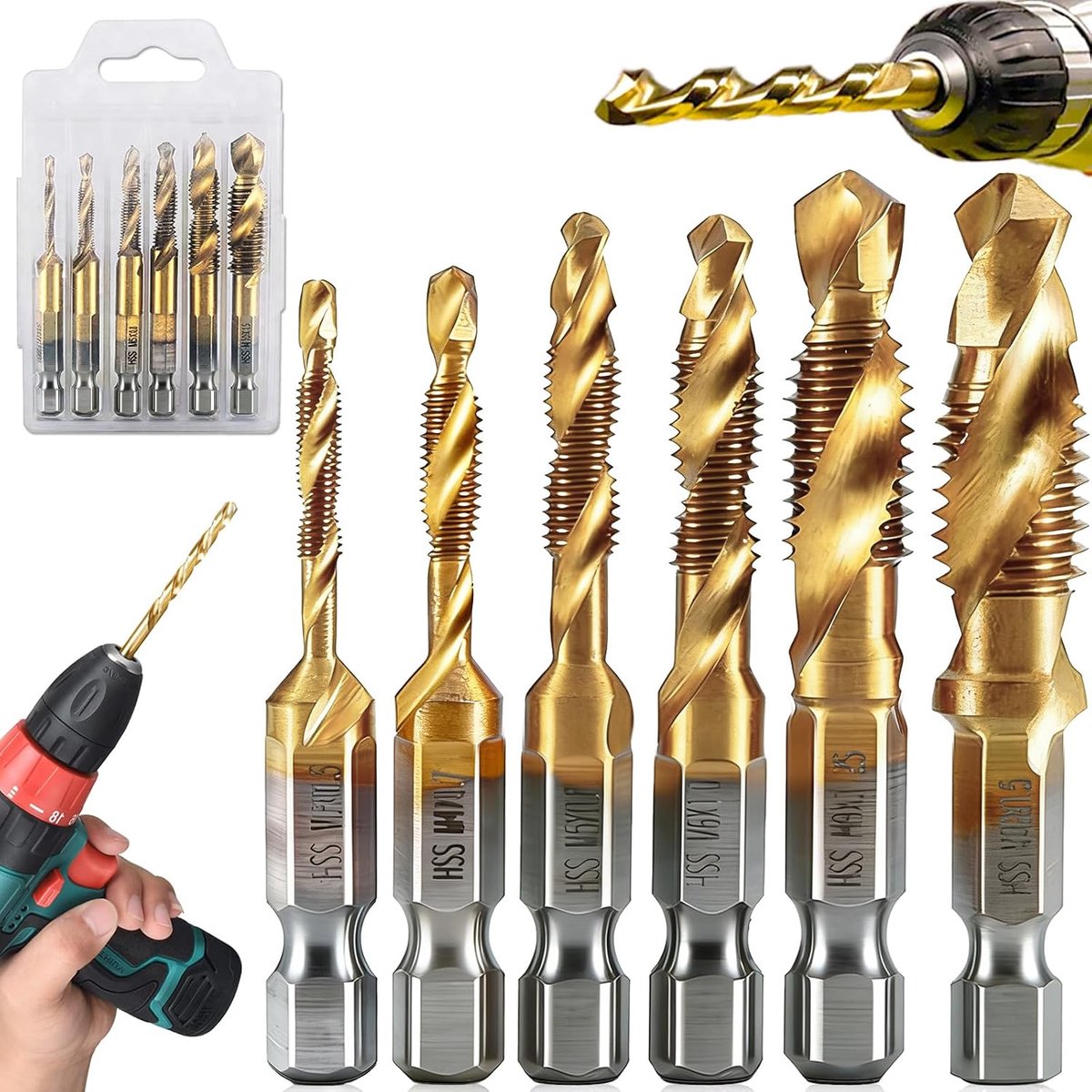 6 stuks gecombineerde tapboor M3 M4 M5 M6 M8 M10 met schacht, M3-M10 schroefdraadboor, Hss spiraalboor met tap, met - ShopVlot