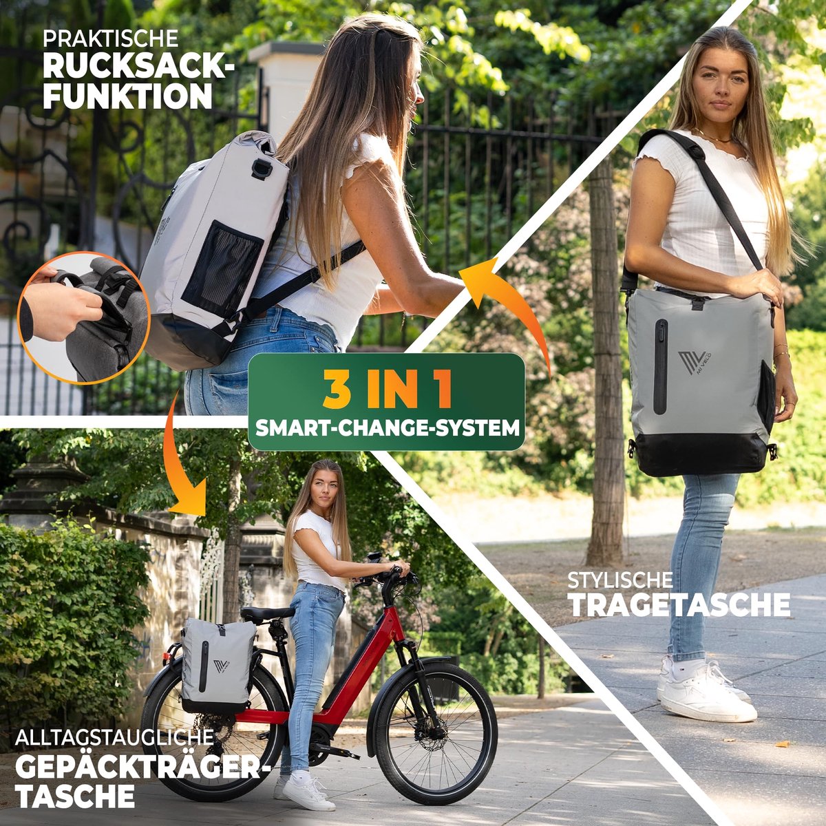 Mivelo 3-in-1 fietstas - rugzak - schoudertas, waterdicht, 100% pvc-vrij, met laptopvak, voor fietsbagagedrager, 1 - ShopVlot