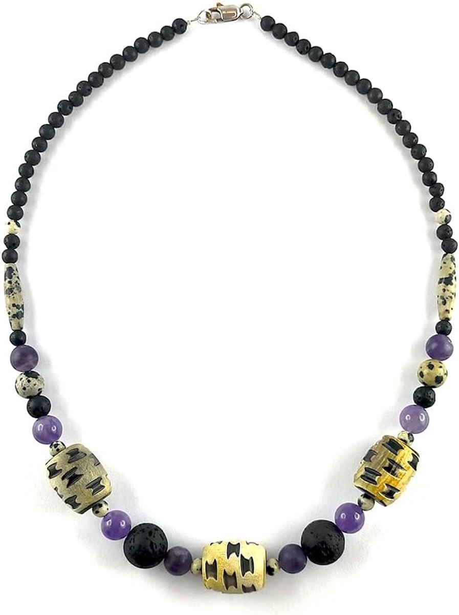 Cable mounted necklace with natural stones of amethyst, Dalmatian jasper, natural lava and natural horn carved in the - ShopVlot