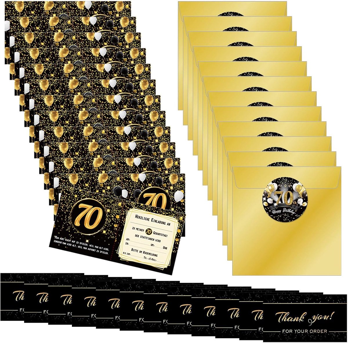 Uitnodigingskaarten 70e verjaardag - 48-delige complete set met bedankkaarten & zegelstickers - ShopVlot