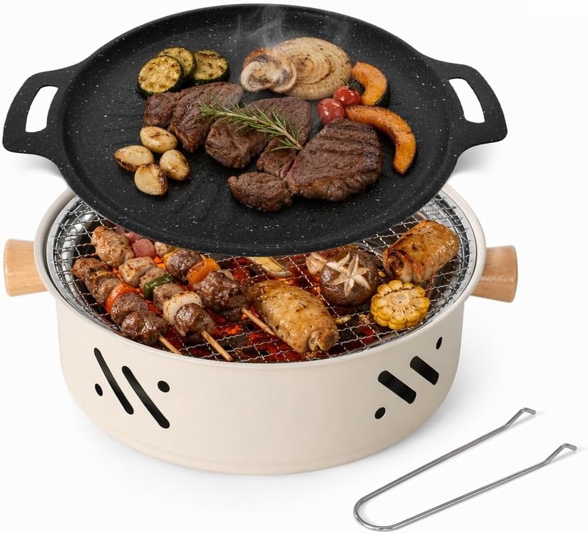 Kleine houtskoolbarbecue, draagbare grill voor picknick en camping, complete set met grilllichaam, houtskool, pincet - ShopVlot