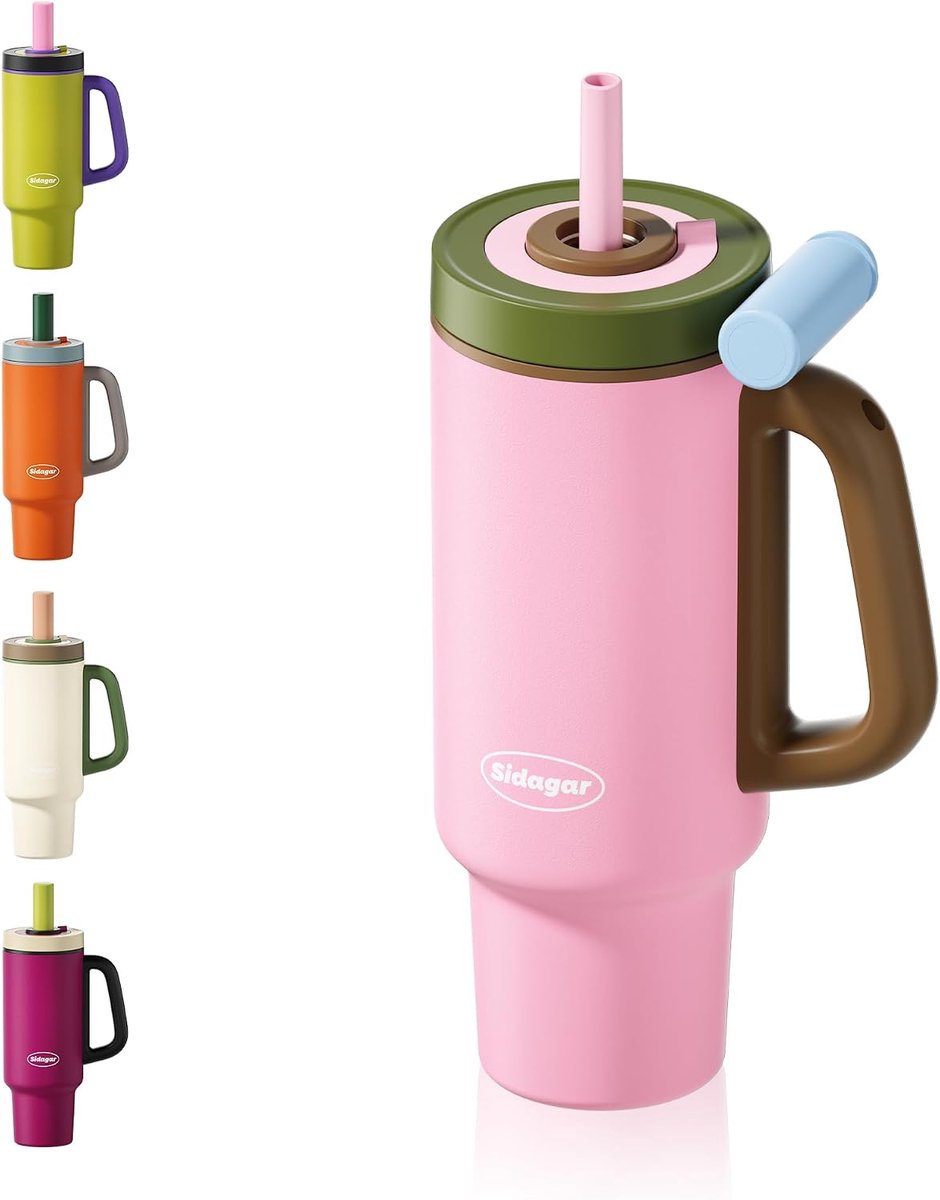 36 oz beker met handvat, geïsoleerde roestvrijstalen waterflessen met deksel, lekvrije beker met rietje, reismok - ShopVlot