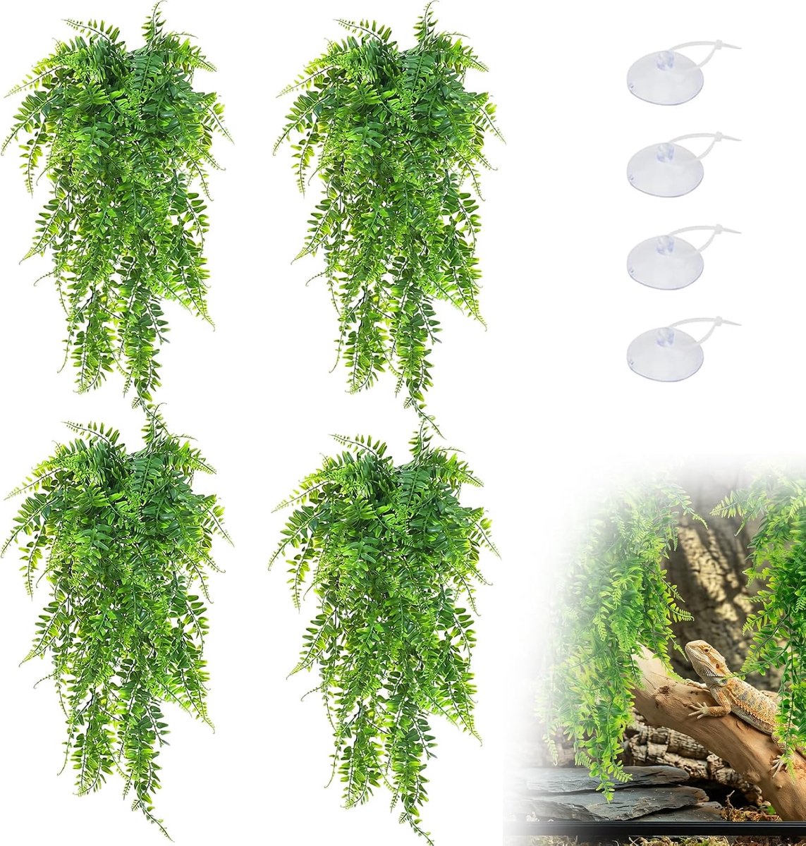4 stuks hangplanten, terrariumdecoratie, kunstmatige hangende planten met 4 zuignappen, set kunstplanten, hangende - ShopVlot