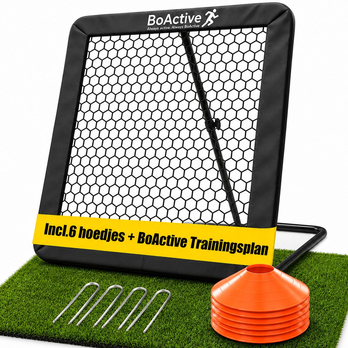 BoActive® Voetbal Rebounder 100x100 cm - Kickback Tchouk voor Kinderen - Incl. Trainingsboekje, Spelerskaart & 6 Pionnen