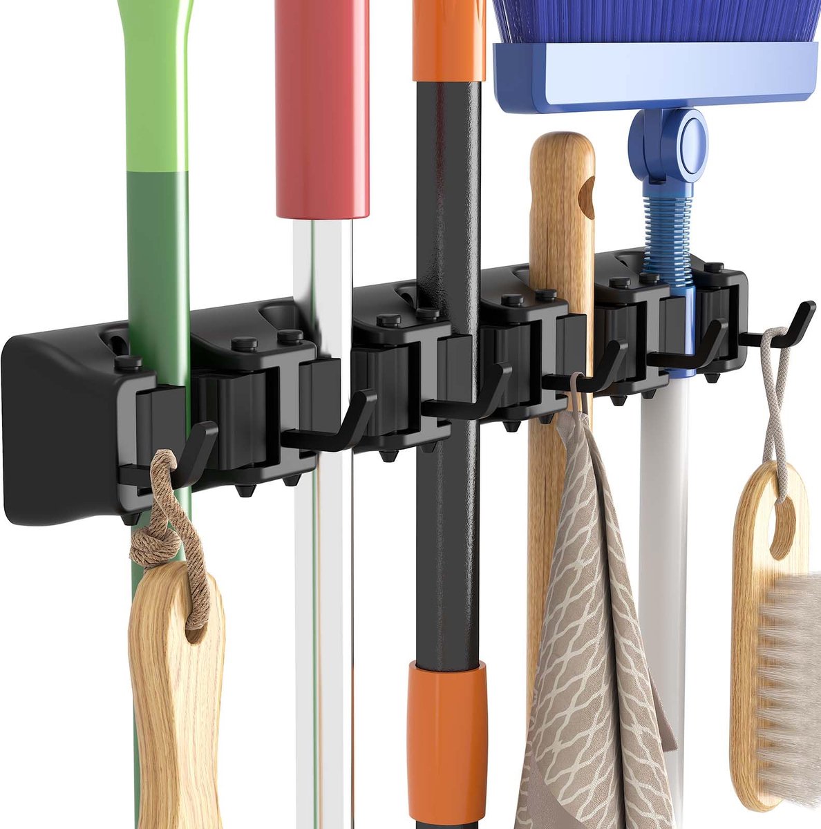 Mop- en Bezemhouder Wandmontage - Schoonmaak Organizer met 5 Sleuven en 6 Haken - Antislip Gereedschapshouder voor Keuken, Garage en Kast - Zwart