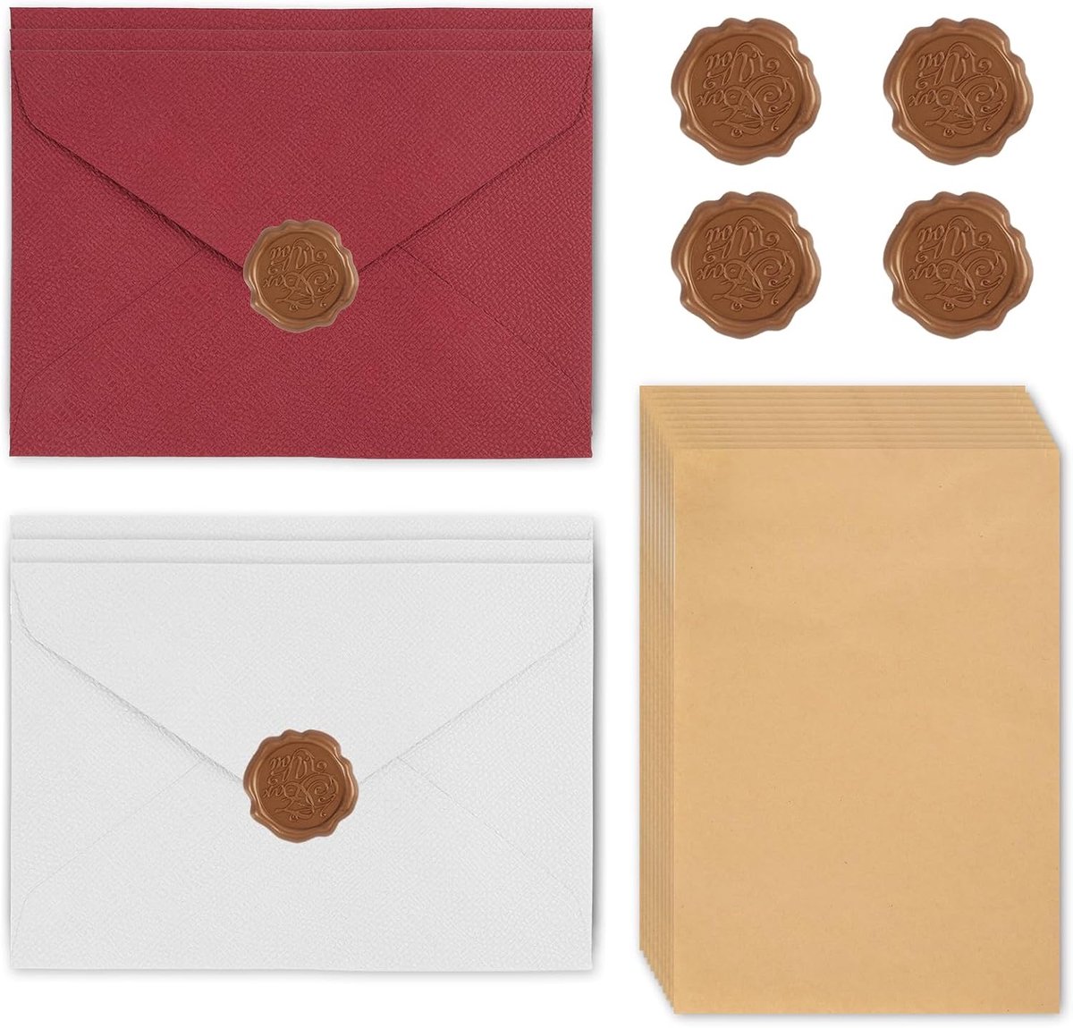 Vintage briefpapierset, 22-delig, 10 x A5 vellen van kraftpapier, 6 linnen enveloppen (3 x wit, 3 x bordeaux) en 6 x - ShopVlot
