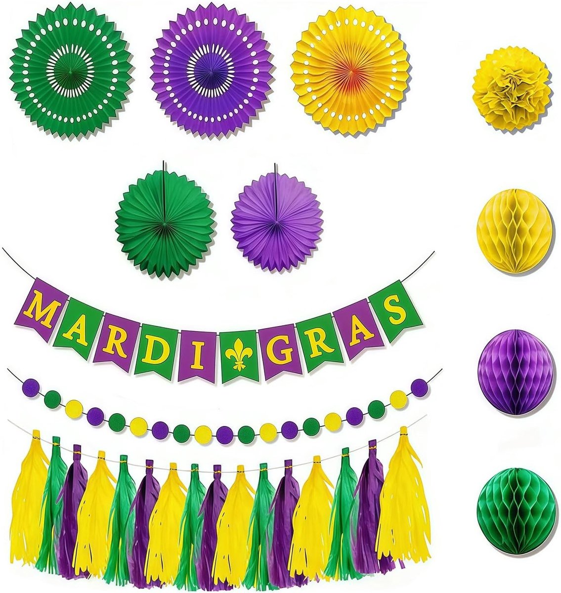 Mardi Gras Decoratieset met 27 Stukken – Glittergordijnen, Papieren Ventilators en Pompoms in Goud, Paars en Groen voor Carnaval en Feestjes
