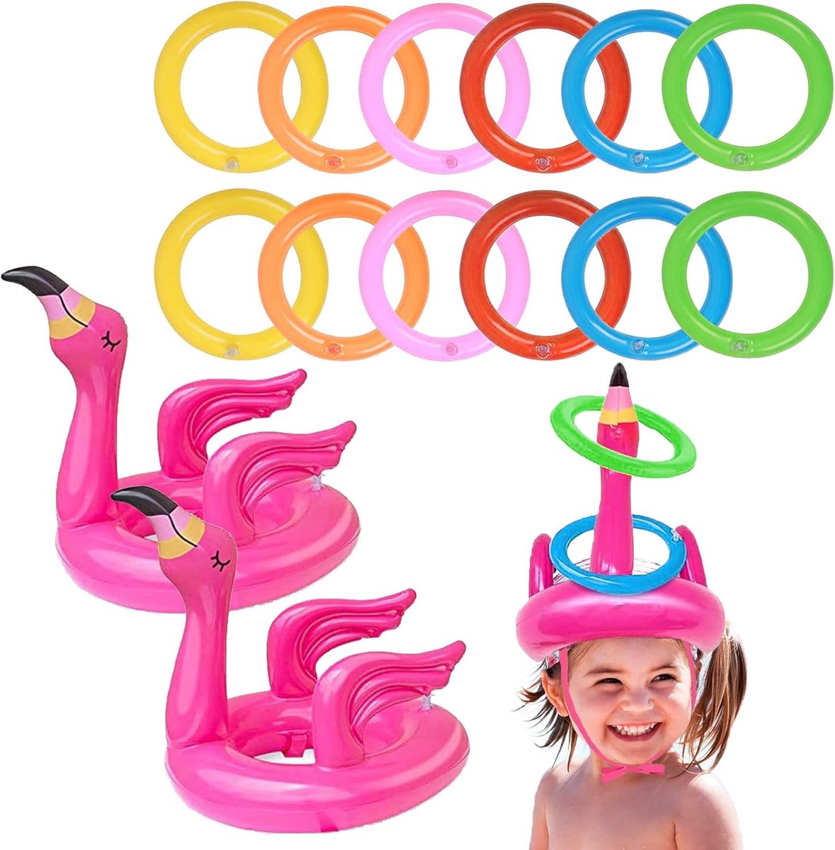 VIKSAUN Inflatable Ring Throwing Game - 14 Pieces Inflatable Flamingo Hats, Flamingo Game for Kids and Adults, Summer - ShopVlot